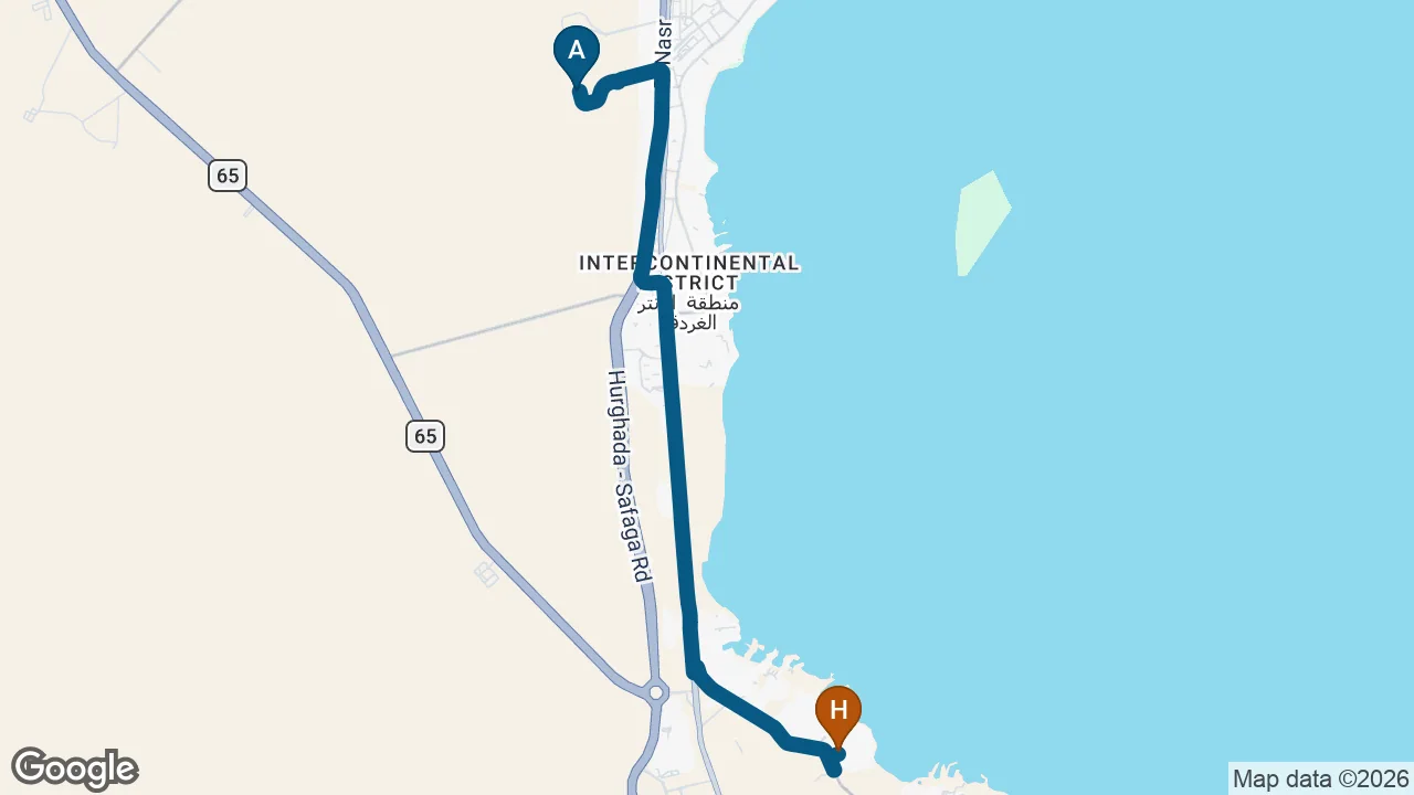 Driving route from Hurghada Airport to Titanic Beach